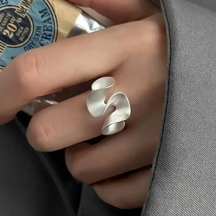 925 Sterling Silver Wave Flower Ring Women Open Minimalist Plant Classic Jewelry