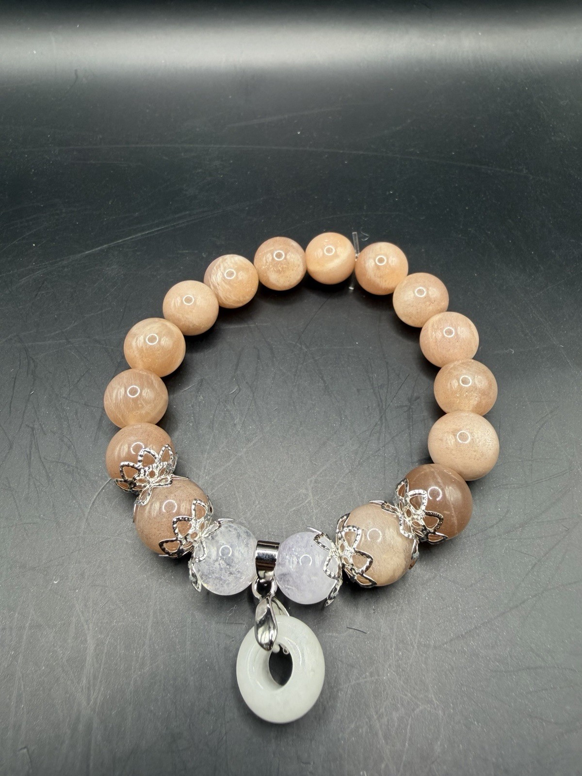 Peach Moonstone Beaded Bracelet with Hetian Jade Donut Charm