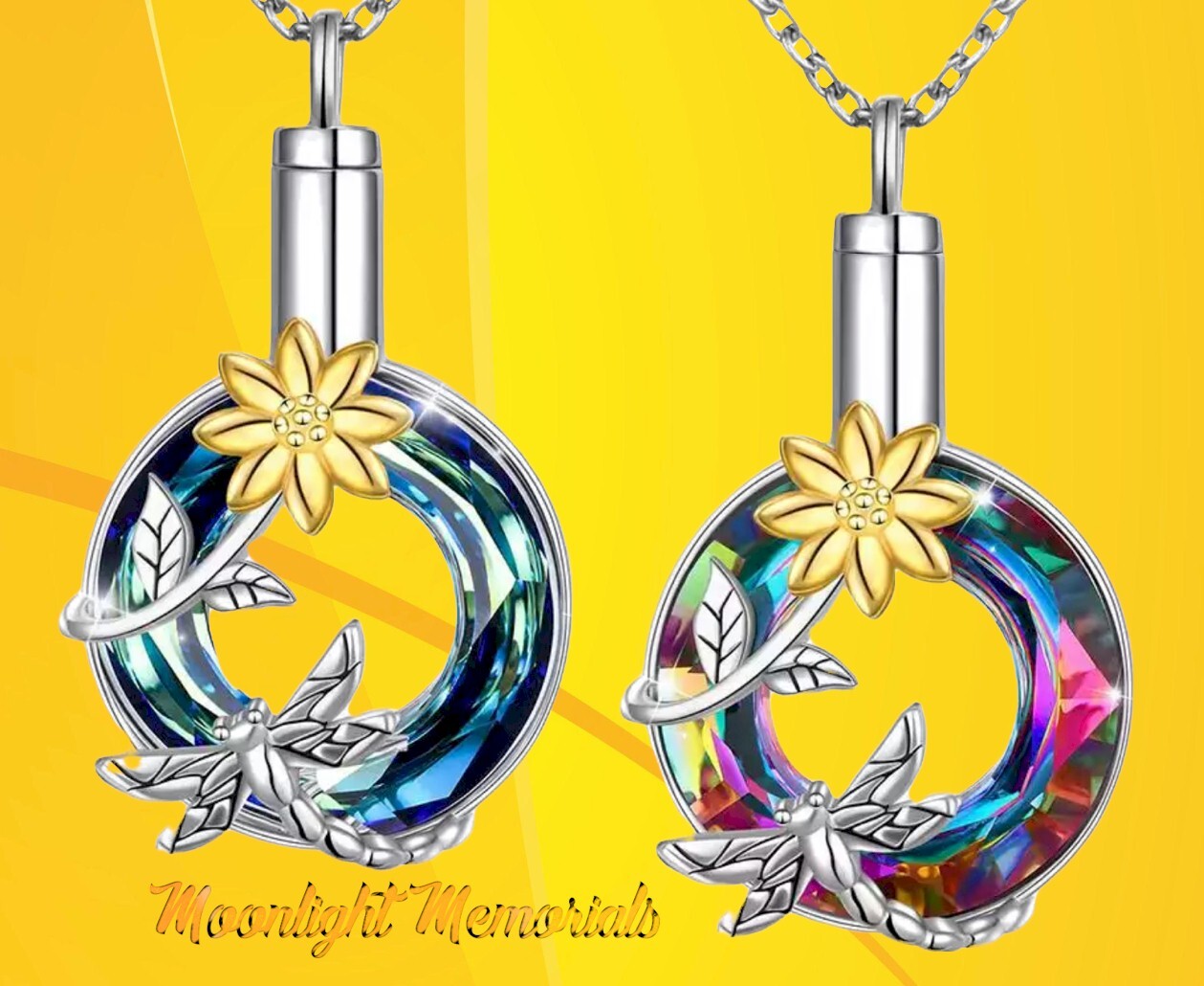 New Dragonfly Flower Crystal Glass Cremation Urn Ashes Memorial Necklace