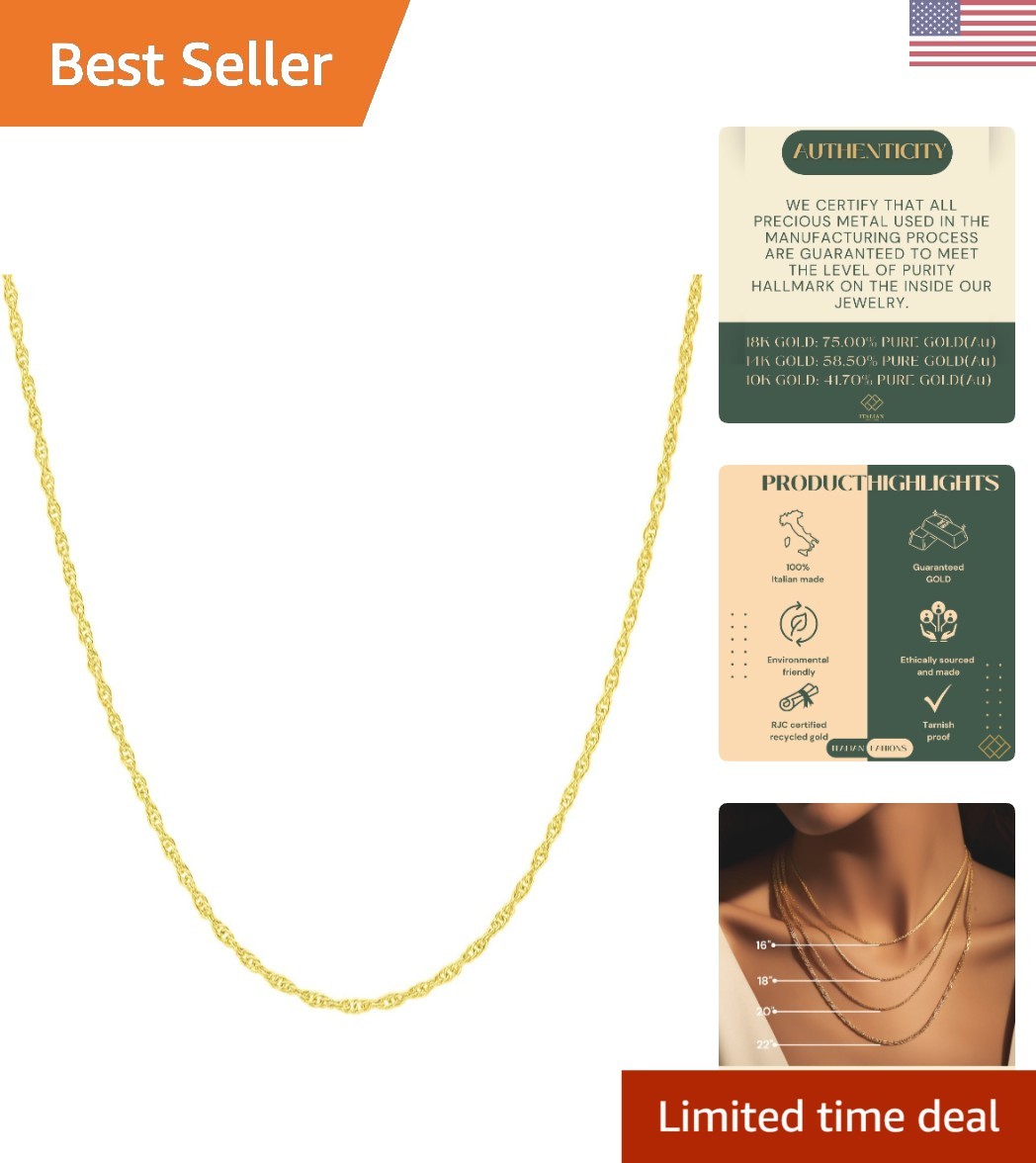 14K/10K Solid Gold Italian Diamond-Cut Rope Chain Necklace, Lightweight Elegance