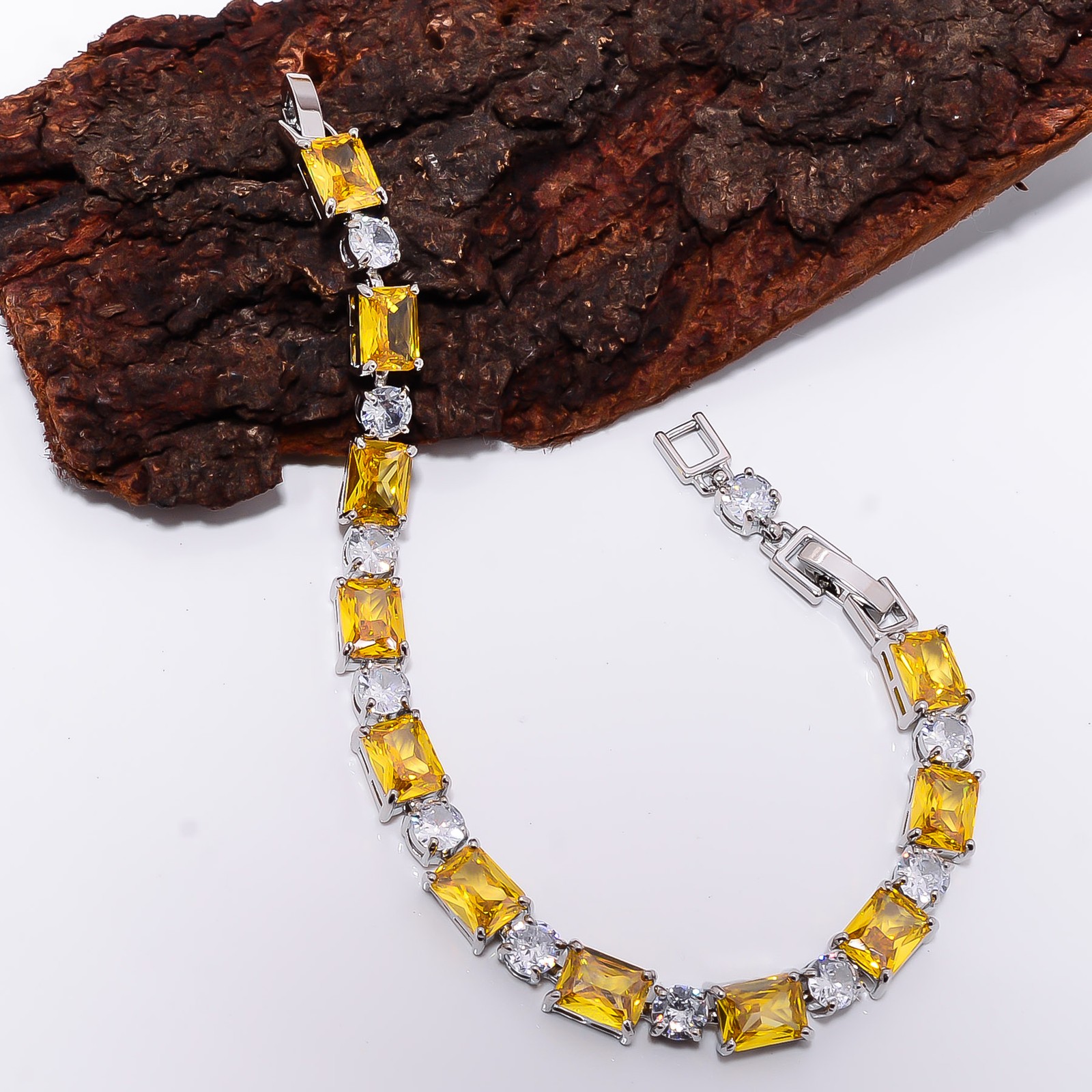 Yellow Sapphire -Simulated, CZ 925 Sterling Silver Adjustable Bracelet 7-8″ B46