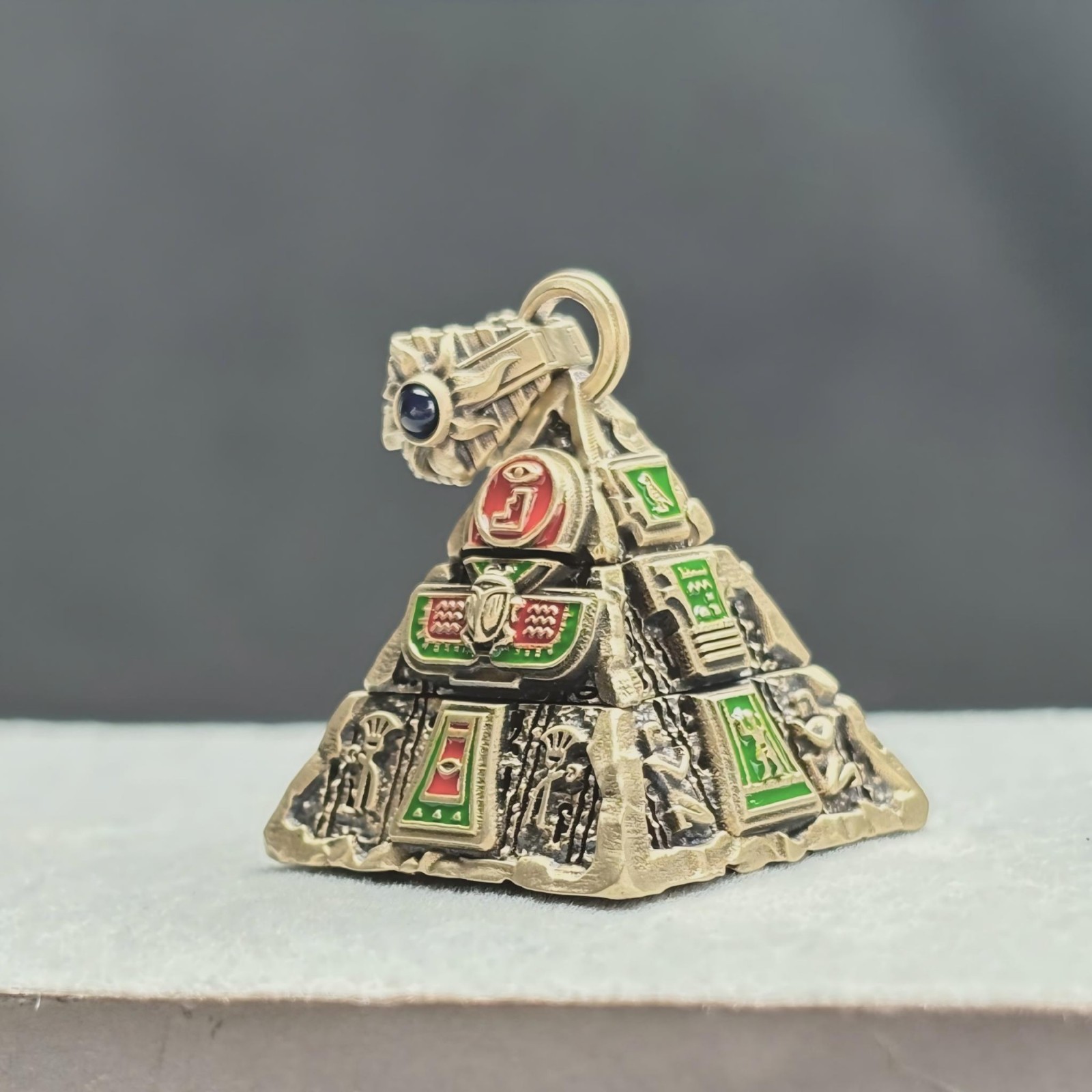 Brass Oracle Pyramid Pendant Kinetic Rotating Discs Enamel Zircon Divination