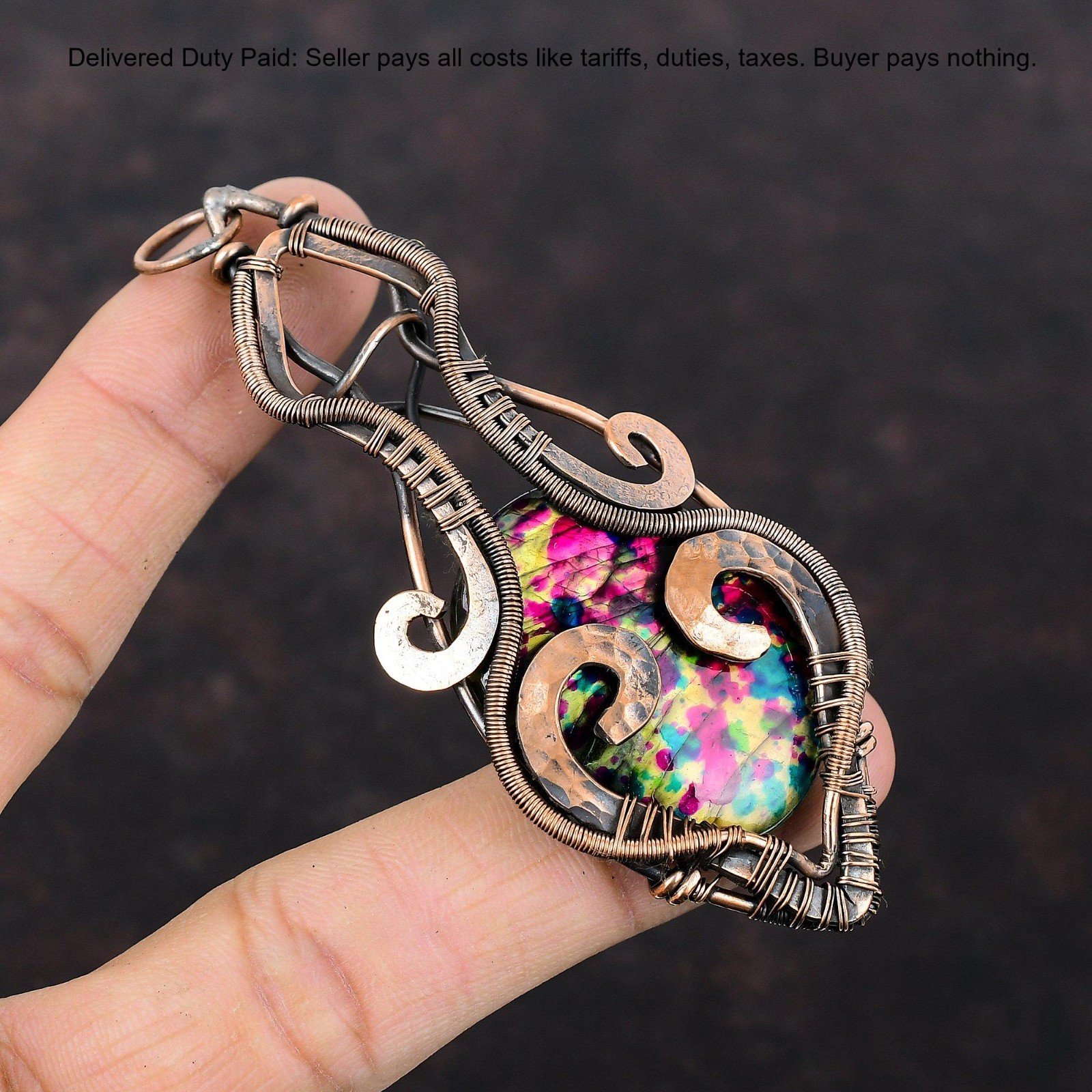 Multi Fire Labradorite Stone Copper Wire Wrapping Mother’s Day Pendant Jewelry