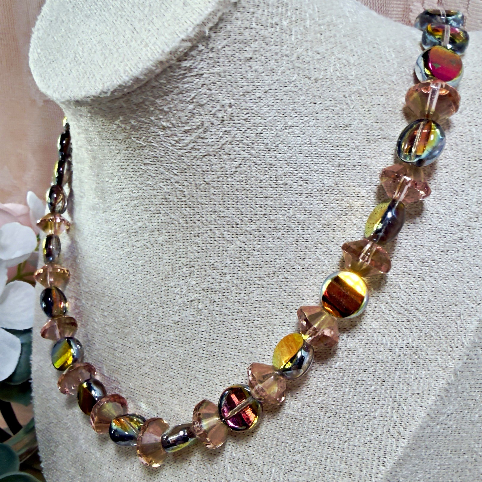 Multicolor Iridescent Round Beaded Statement Necklace Toggle Y2K Glam Gold Toned