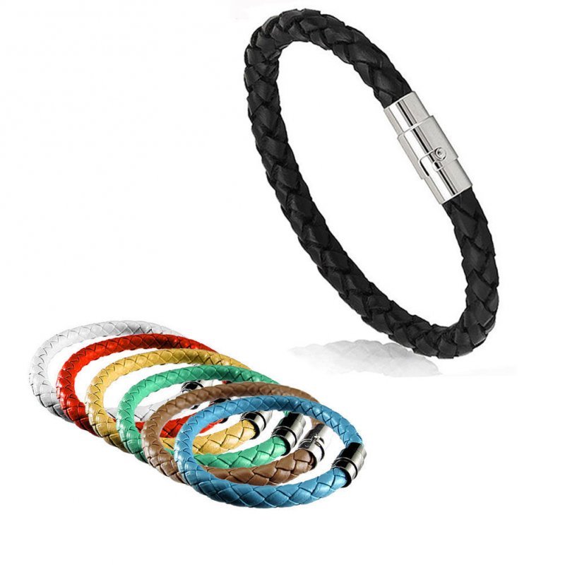 Unisex Women Men Braided Leather Steel Magnetic Clasp Bracelet Handmade Jewelry