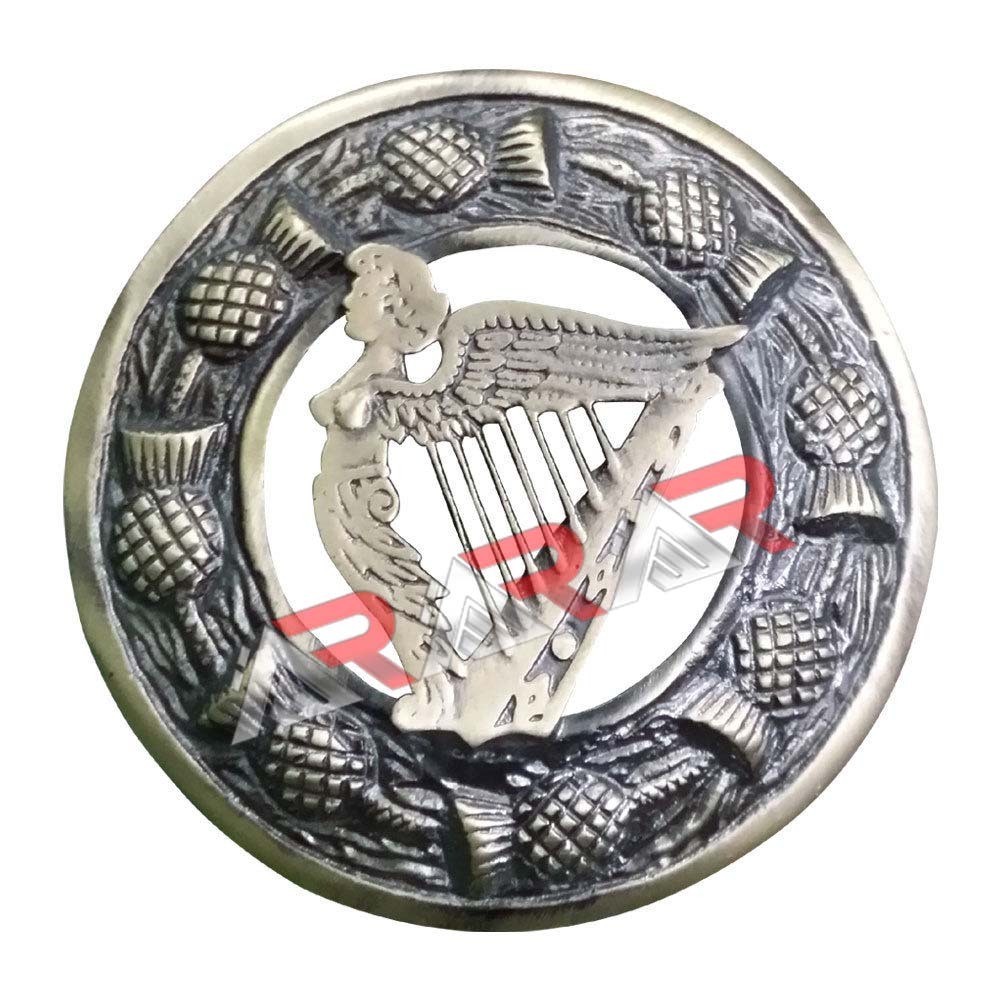 Fly Plaid Kilt Brooch Thistle Harp Brass Antique Finish Unisex Adult Pin 3″(7cm)