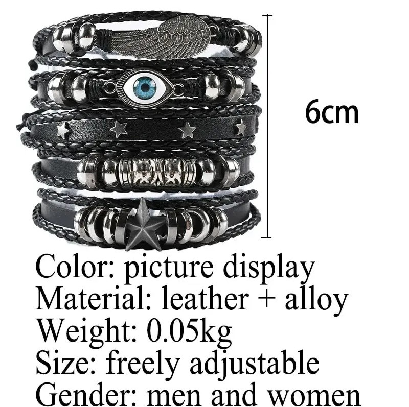 5pcs Punk Style Braided Bracelet Set – Wing & Star Design Leather Wristbands
