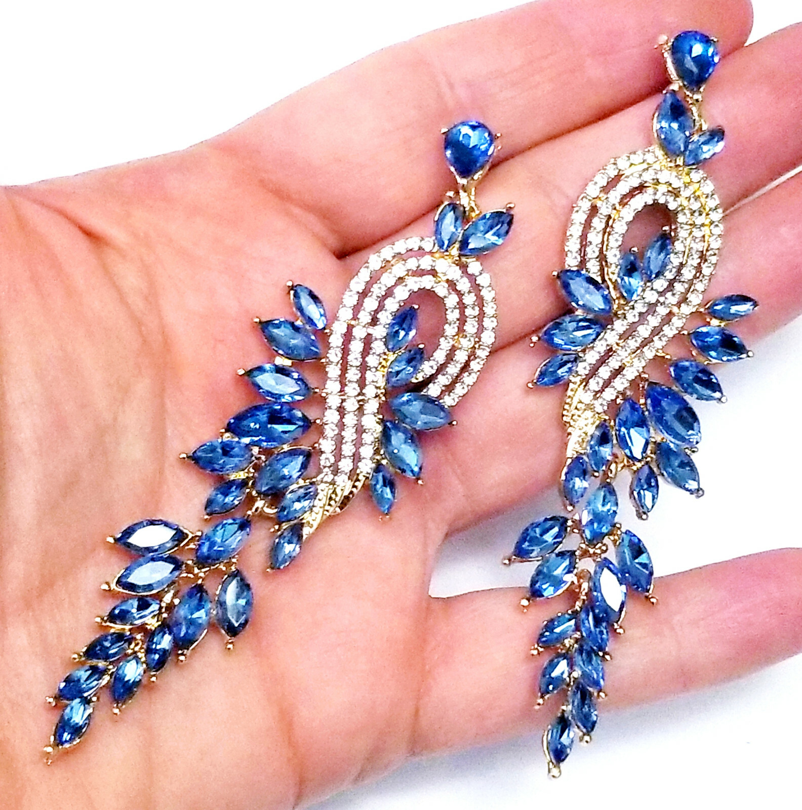 Chandelier Earrings Rhinestone Blue Crystal 3.5 in
