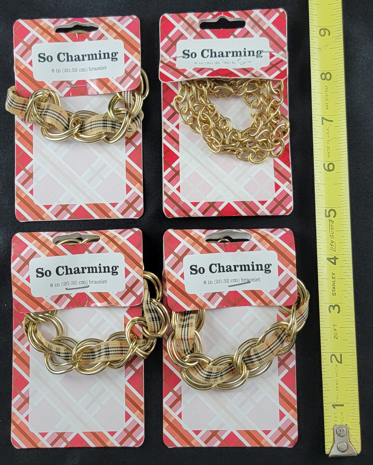Vintage So Charming Bracelet Lot of 4 NOS Gold Tone Tartan Fabric Chain Loop