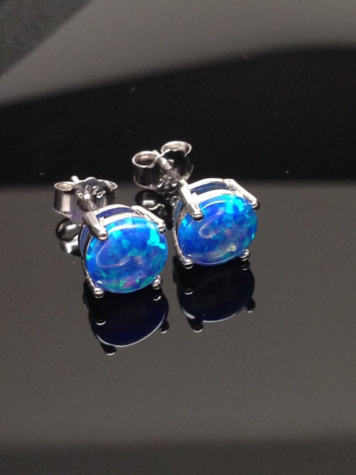925 Sterling Silver Round Blue Opal Stud Earrings Dainty Studs 5.8mm