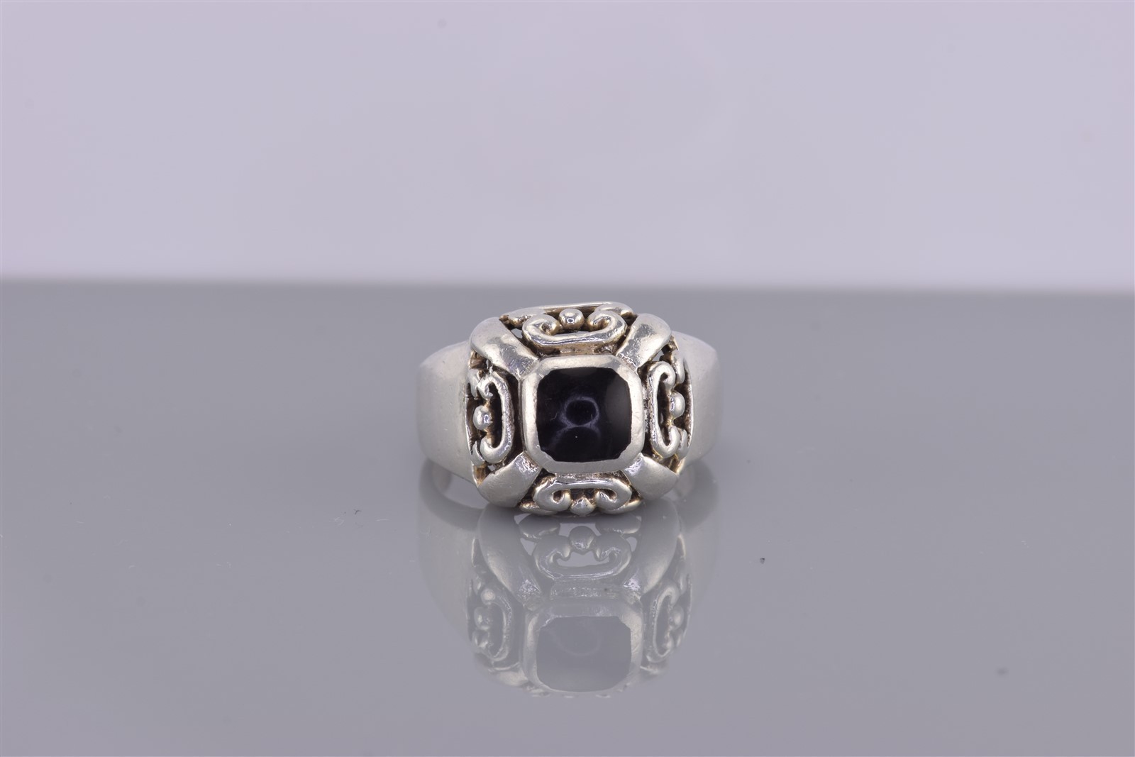 Sterling Silver Puffy Scrolled Black Enamel Dome Band Ring 925 Sz: 6
