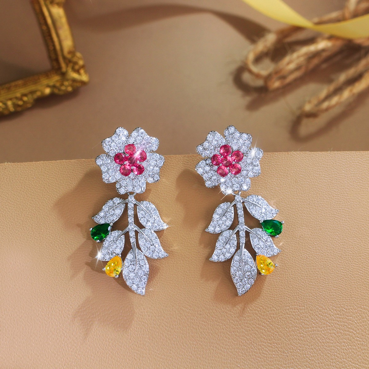 Exquisite Silver Plated Cubic Zirconia Flower Leaf Drop Earrings Wedding Jewelry