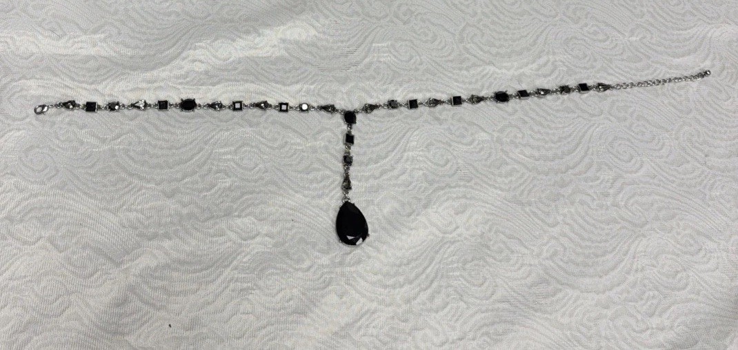 Vintage Y-Lariat Alternating Faceted Crystals Drop Black Onyx Pendant Necklace