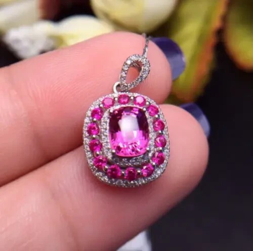 Cushion Cut Simulated Pink Ruby Women’s Pendant Chain In 14k White Gold Plated