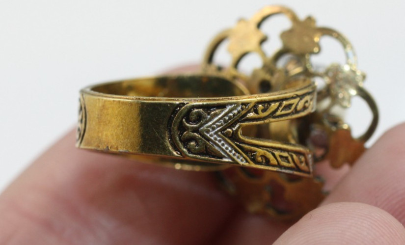 Vintage Damascene Spain style Faux Pearl Flower Adjustable band Ring size 6
