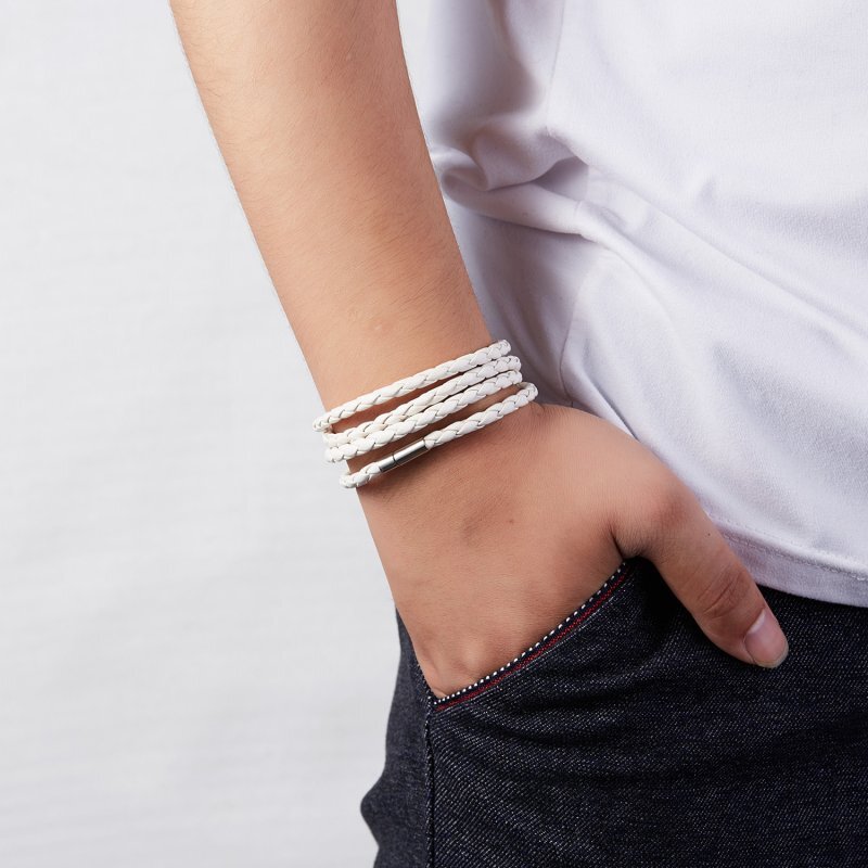 Unisex Women Men Braided Leather Steel Magnetic Clasp Bracelet Handmade Jewelry