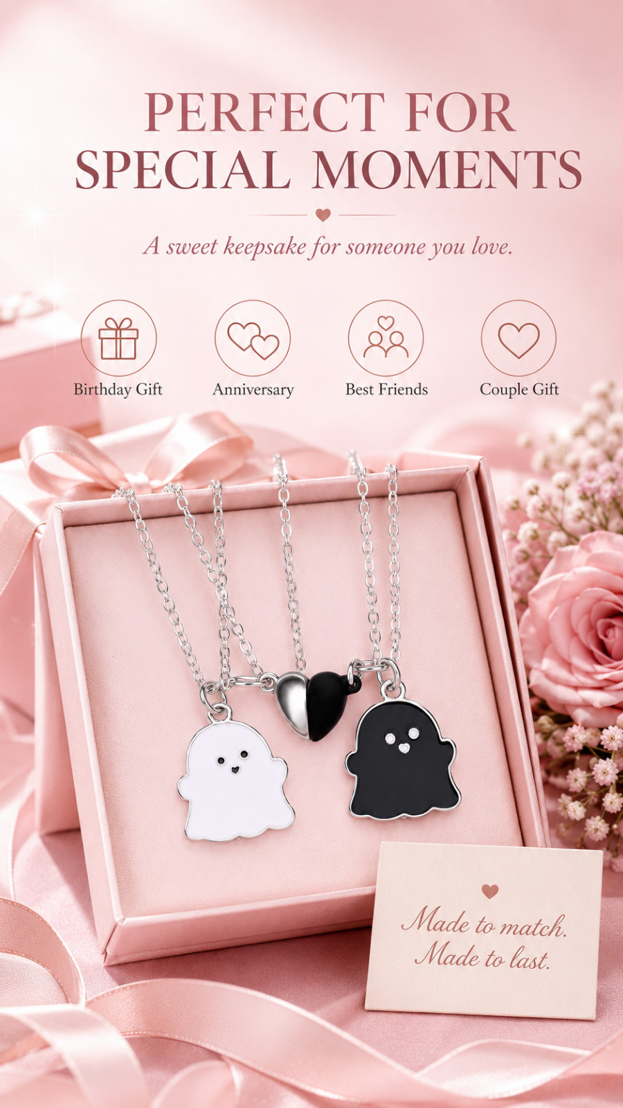 Cute Ghost Couple Necklace Set – Black & White Matching Pendant Necklace with Sp