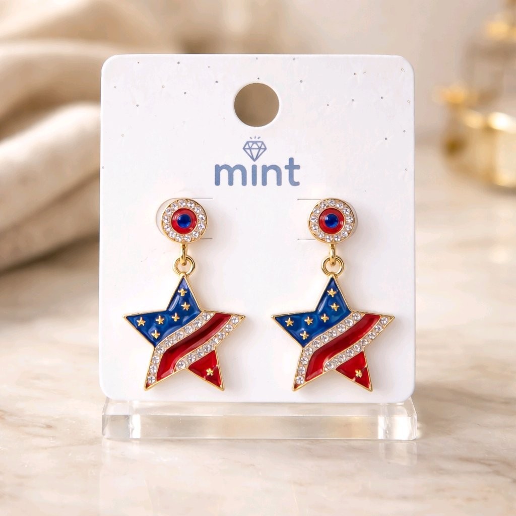Mint Patriotic USA Flag Star Earrings Crystal Red White Blue Enamel Dangle Gift