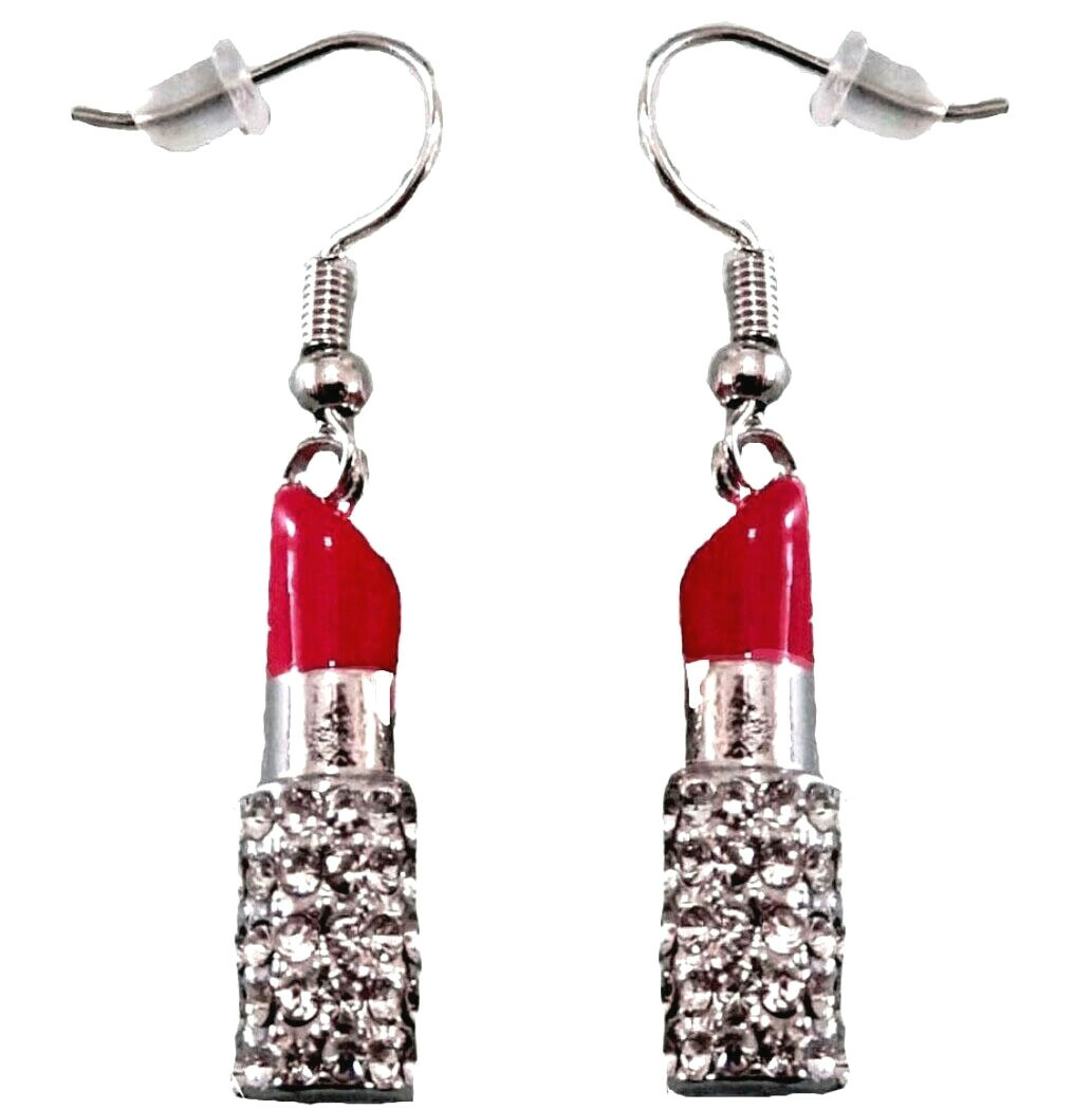 Red Lipstick Earrings Dangle Enameled Rhodium Plated Gift Boxed Fast Shipping