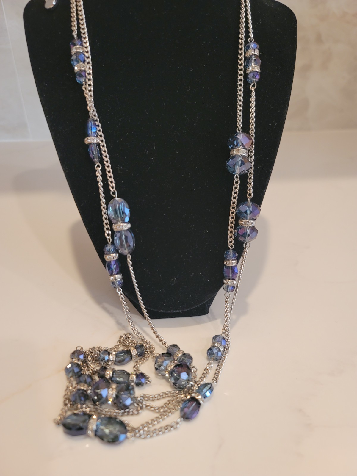 Blue Gray Crystal Double Strand Necklace 44″ Long Silver Tone Beaded