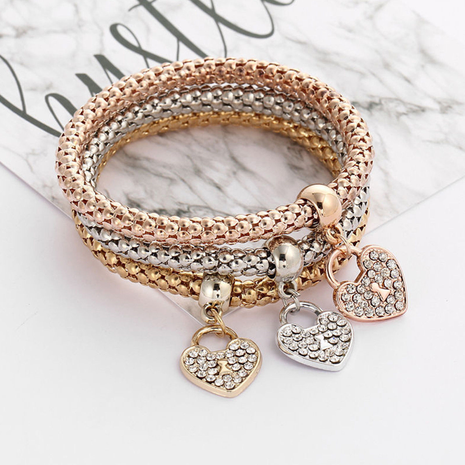 Women’s Fashion Jewelry 3 Piece Silver Rose Gold Heart Bangle Bracelet 53-2
