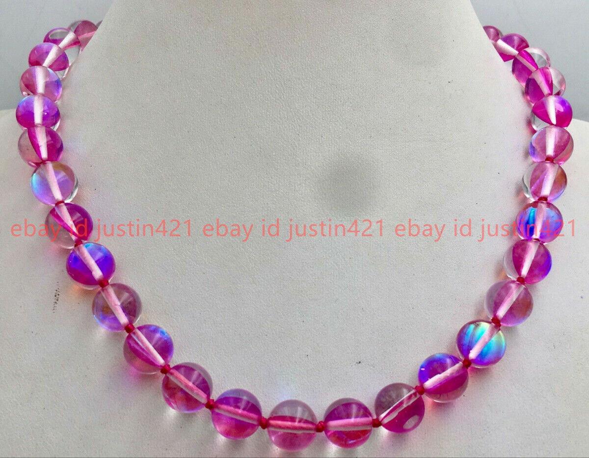 Natural 6/8/10/12mm pink Gleamy Rainbow Moonstone Round Gems Necklace 18” AAA