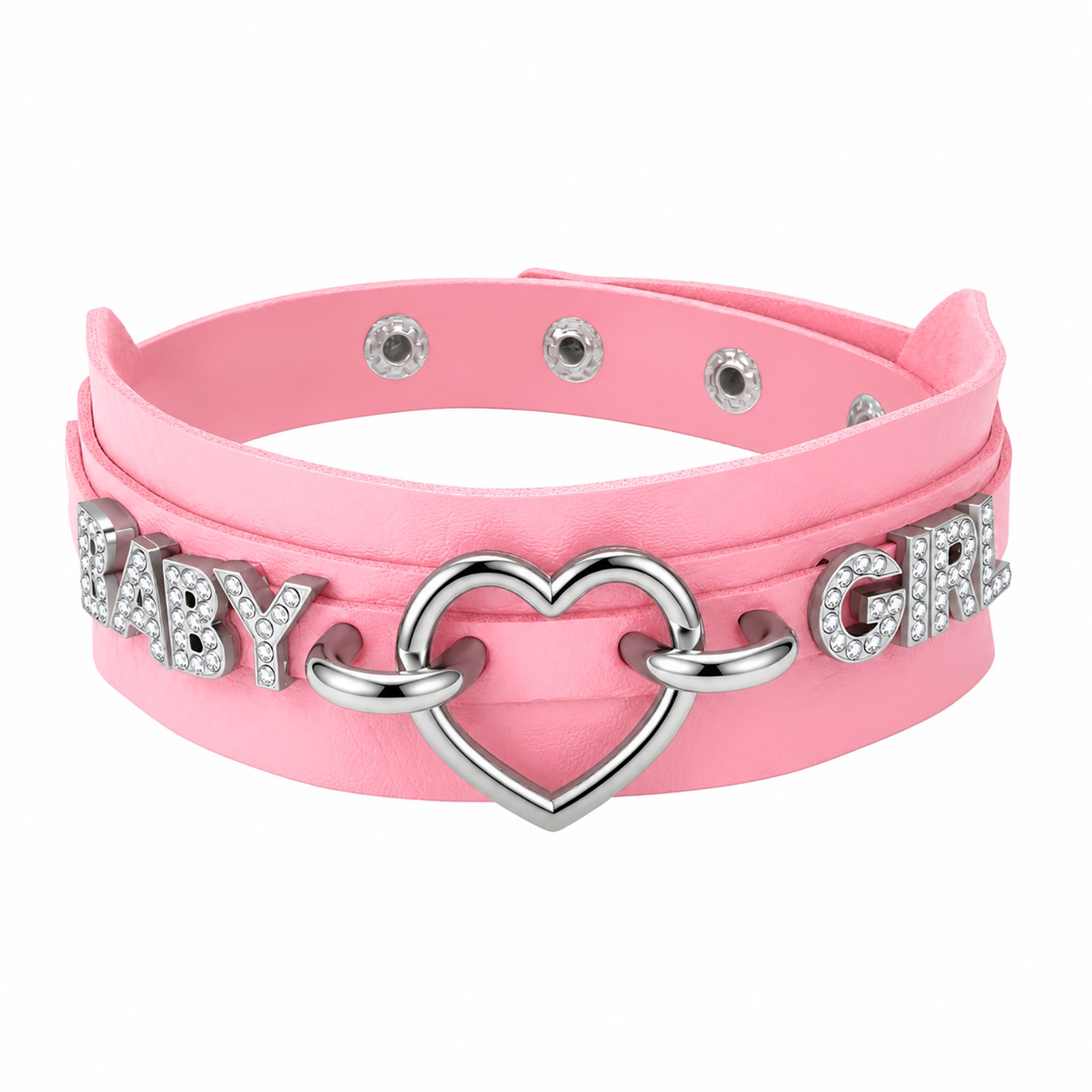 “BABY GIRL” Women Gothic PU Leather Choker Necklace Rhinestone Heart Ring Collar