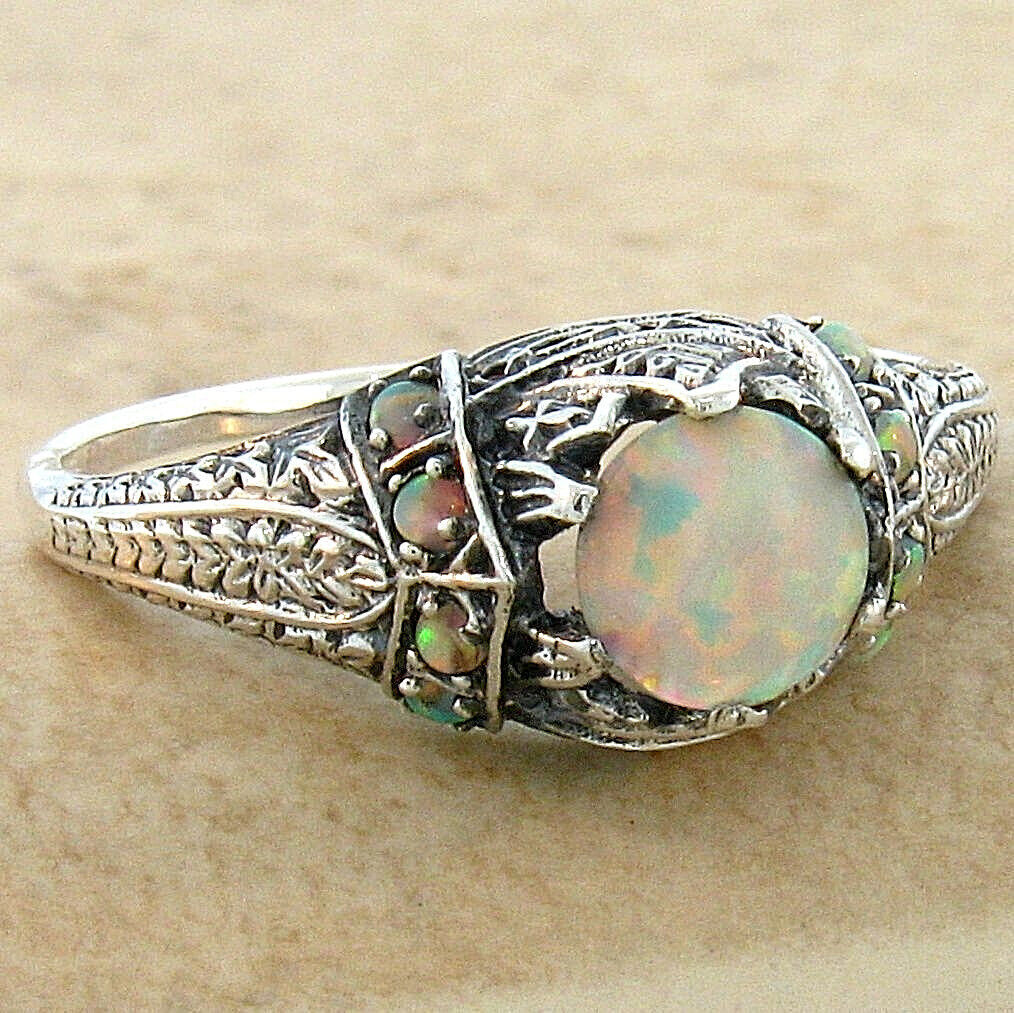 VICTORIAN STYLE LAB-CREATED OPAL 925 STERLING SILVER FILIGREE RING #643