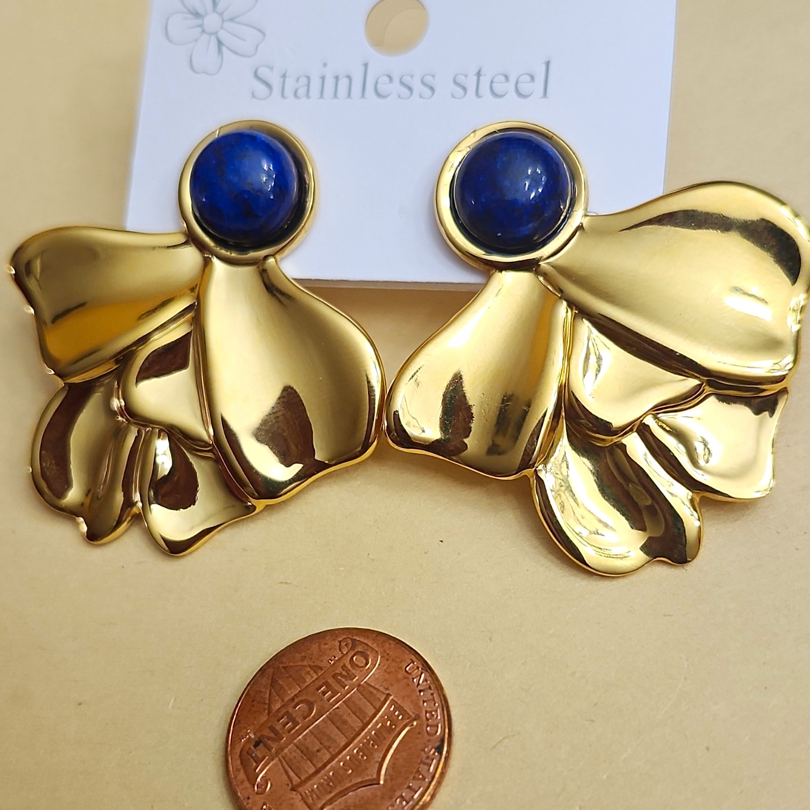 Gold-Tone Stainless Steel Flower Dangle Earrings Blue Accent Butterfly Closure