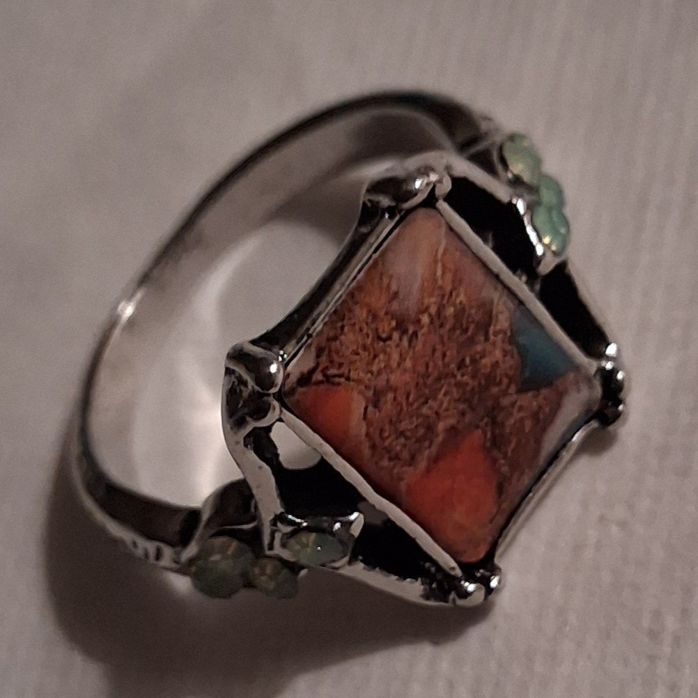 Silver Tone Cocktail Ring Square Orange Stone Green Accents Prong Set Size 7