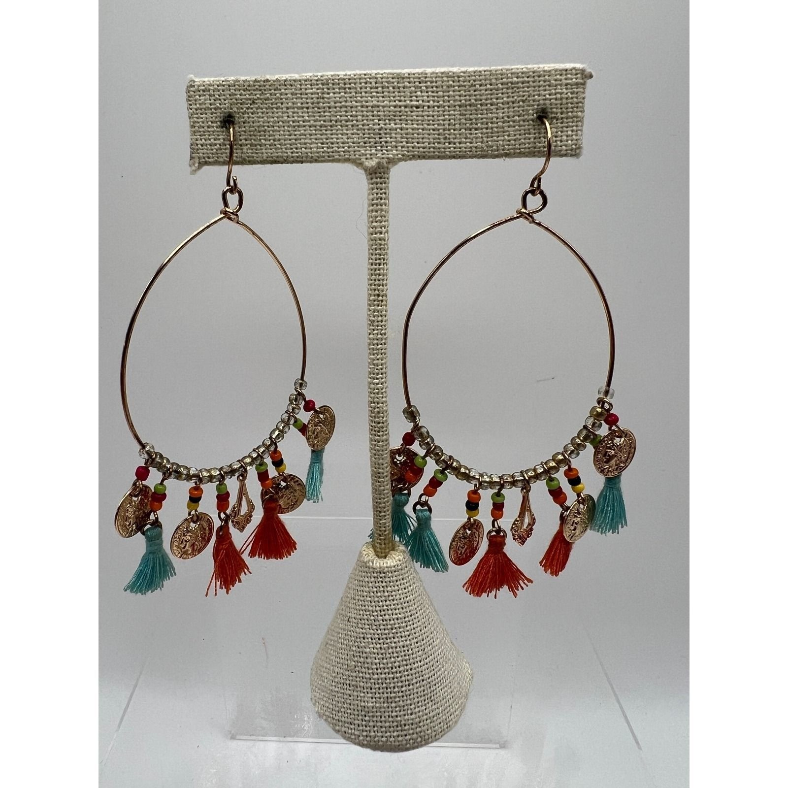 Coin Tassel Hoop Earrings Boho Festival Gypsy Teal Orange Gold Tone 3.5in