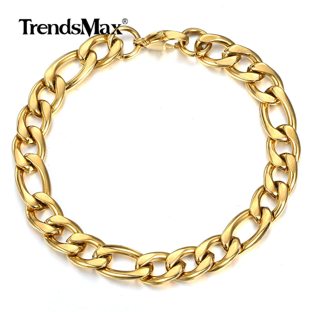 9mm Gold Plated Stainless Steel Figaro Chain Bracelet for Men Father’s 7/8/9/10“