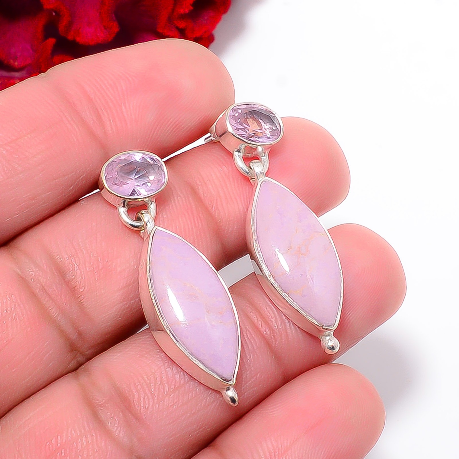Phosphosiderite – Argentina & Pink Kunzite 925 Sterling Silver Earring 1.37″ E30