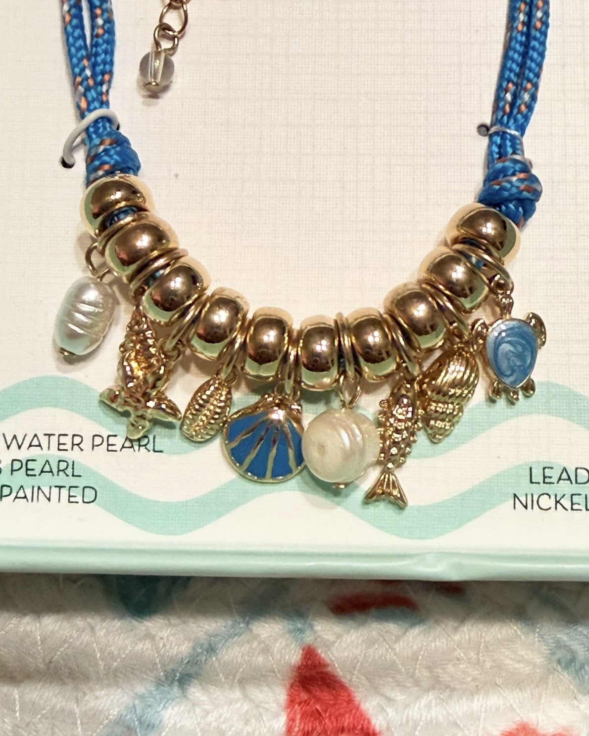 PIPER•K Beach Bracelet Seashell, Fish Starfish, Turtle, & Pearl Blue Cord
