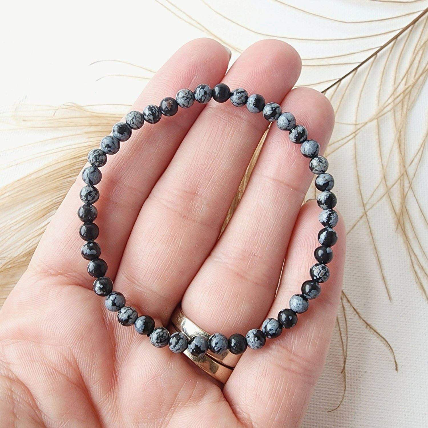4mm Natural Snowflake Obsidian Beads Healing Crystal Stretch Women Men Bracelet
