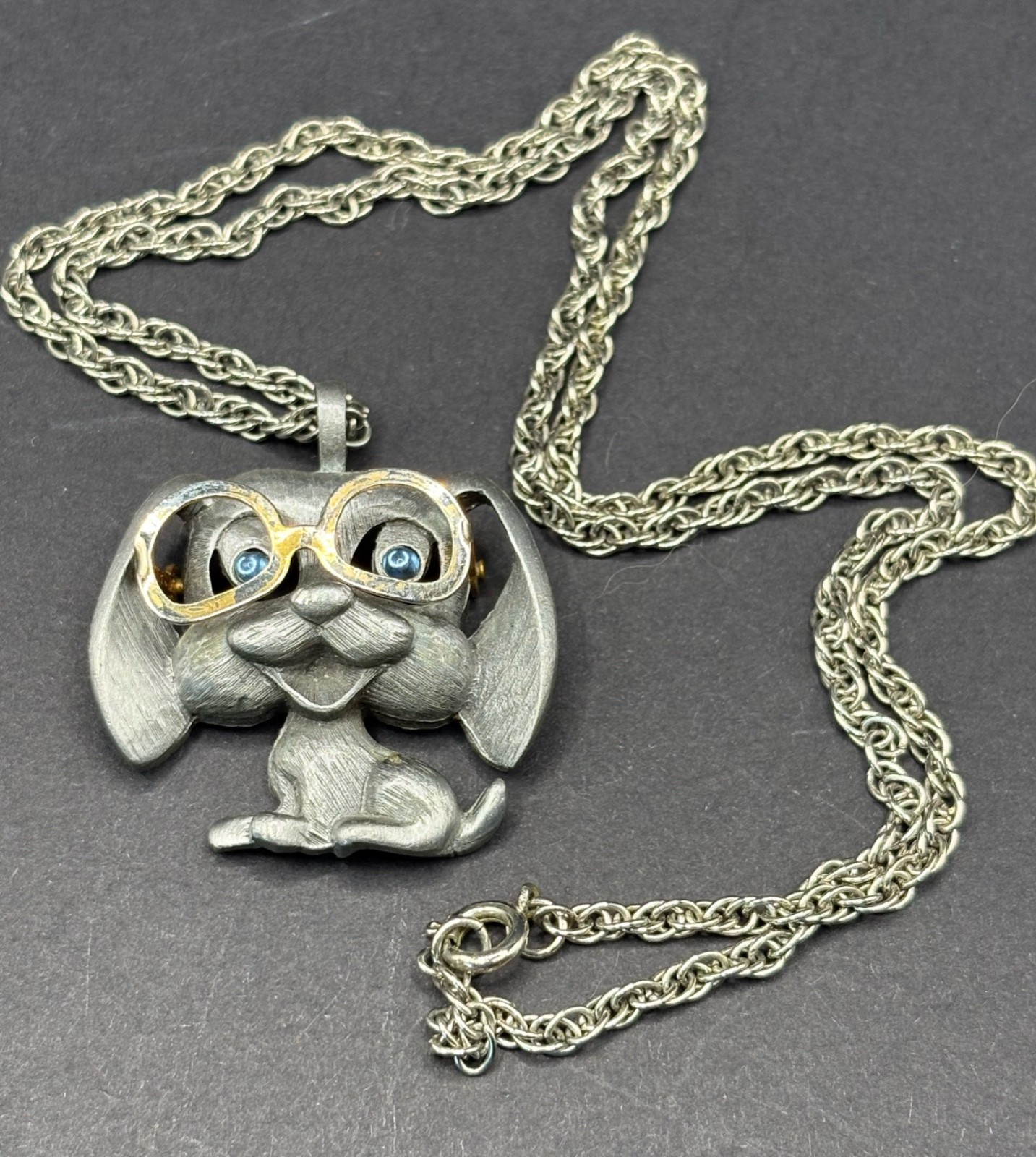 Vtg FAB Pewter Dog Pendant w/Eyeglasses Adorned with Bright Blue Crystal Eyes