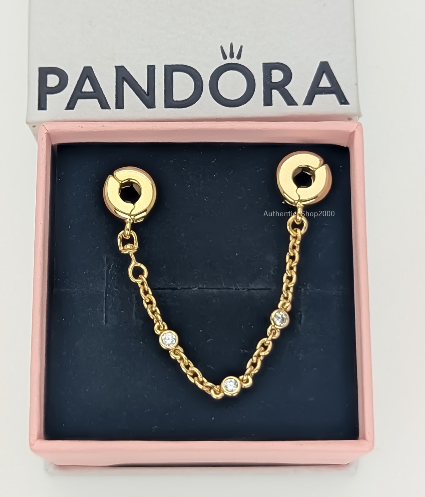 New 100% Authentic PANDORA 14k Gold Pl Triple Clear Stone Safety Chain 763515C01