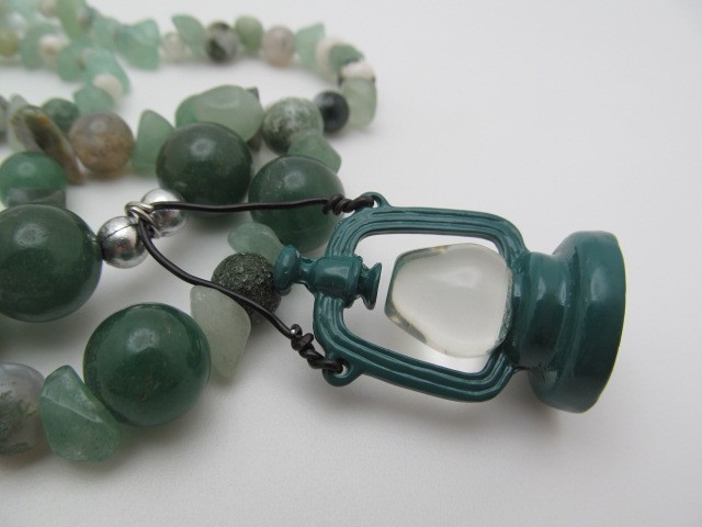 Multi Green Natural Stone Jade Agate Fluorite Enamel & Glass Lantern Necklace