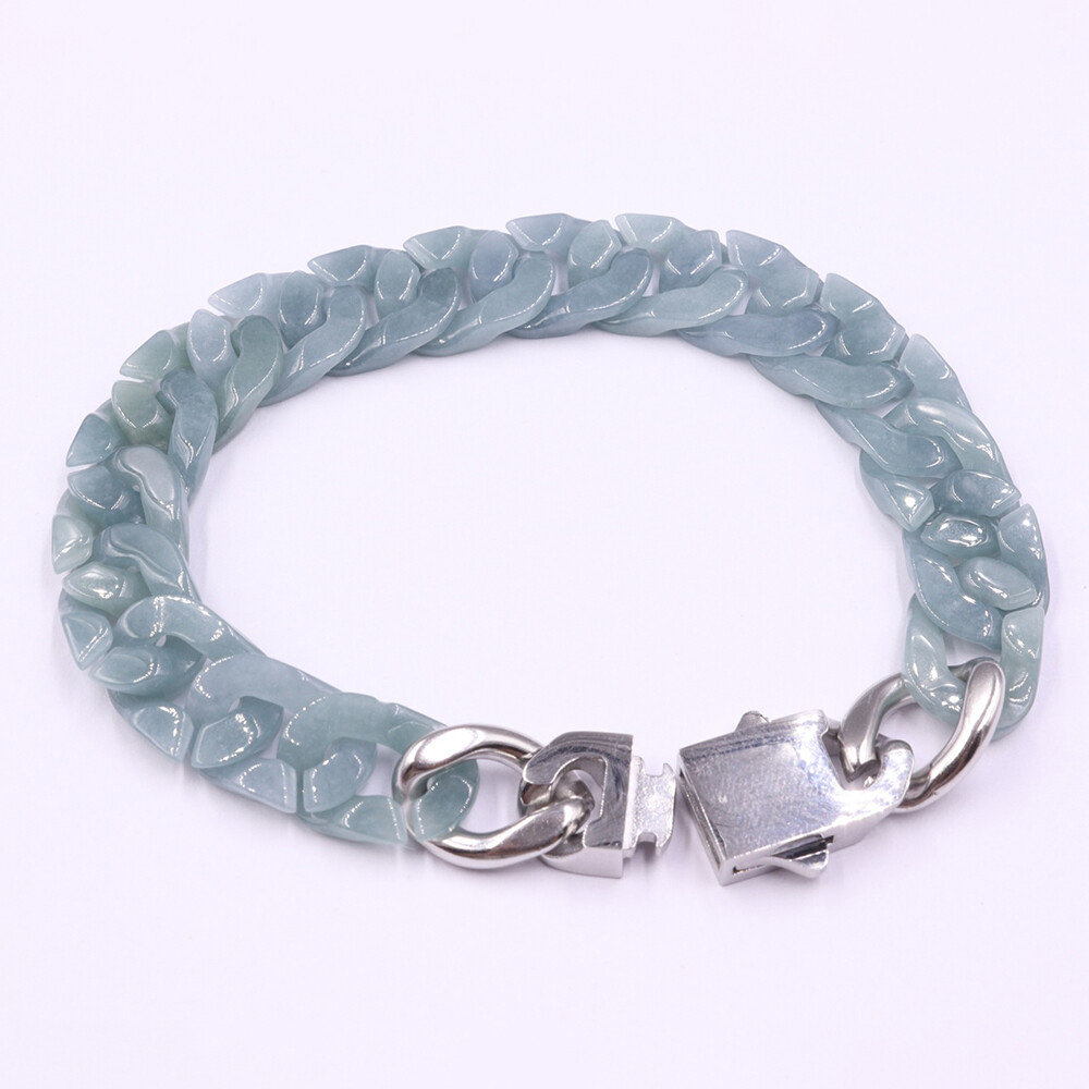 Real Grade A 100% Natural Blue Jade Jadeite Cuban Curb Link Bracelet 5.9-8.3inch