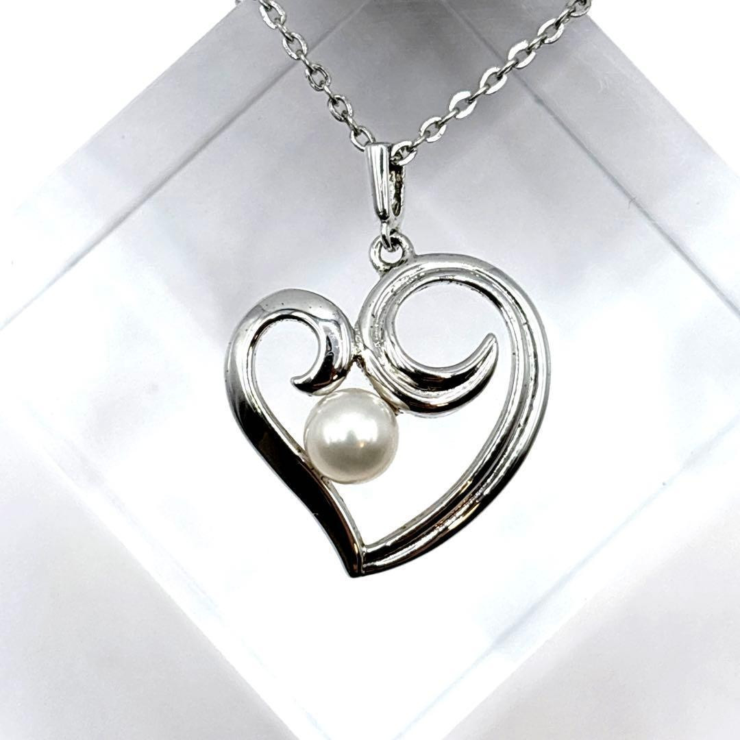 MIKIMOTO Heart Pearl Pendant Necklace Silver 15.75 in Japan