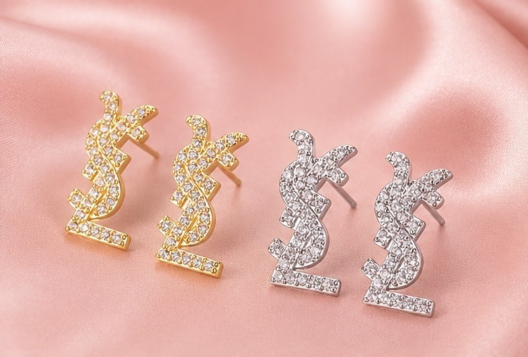 Rhinestone Logo Letter Stud Earrings 2 Pairs Gold/Silver Tone Pavé, Nickel-Free