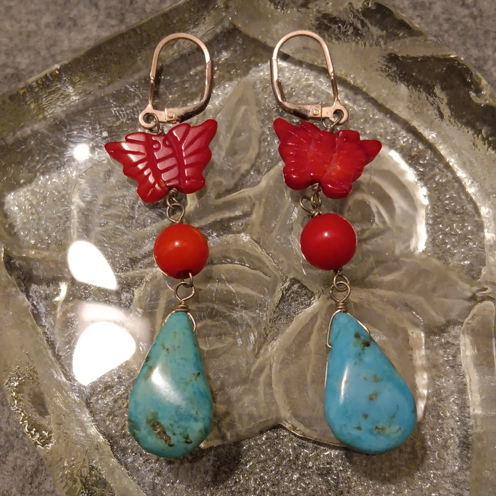 Vintage Sterling Silver Red Coral Butterfly Turquoise Teardrop Dangle Earrings