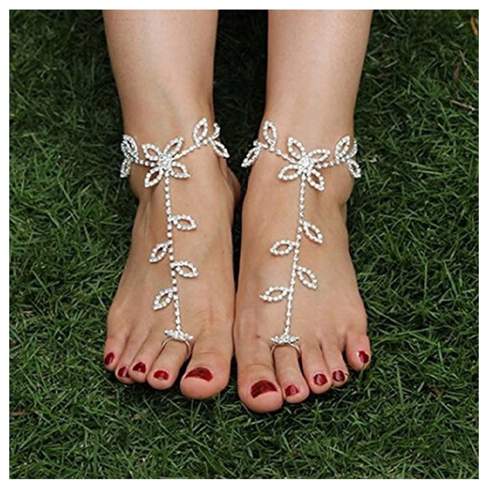 Riymusry 1Pair Summer Beach Rhinestone Leaf Barefoot Sandals Foot Chain with …