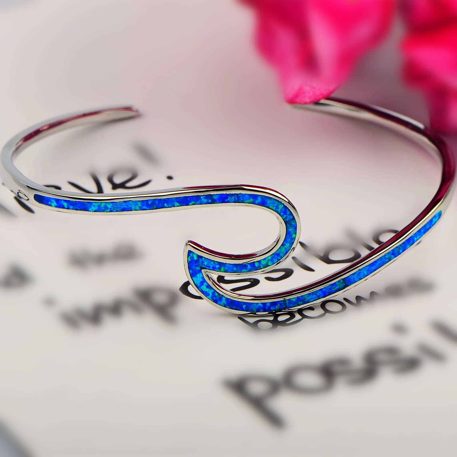 Hawaii Blue Opal Waves Cuff Bangles 925 Sterling Sliver Jewelry For Women Girls