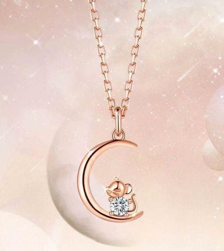 Rose Gold GP Stainless Steel Cubic Zirconia Moon Mouse Pendant Necklace