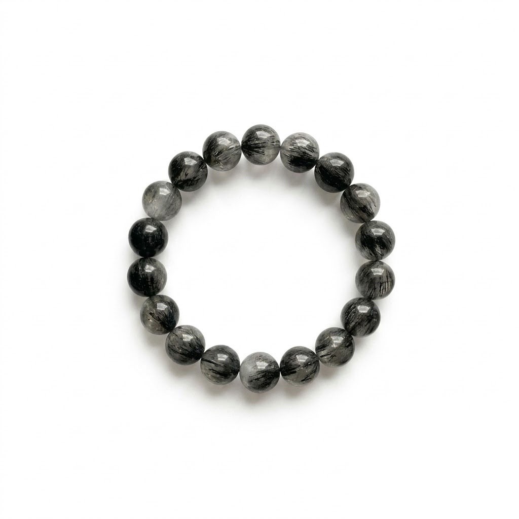 11mm Black Rutilated Quartz Bracelet Natural Crystal Round Beads 18 cm Stretch