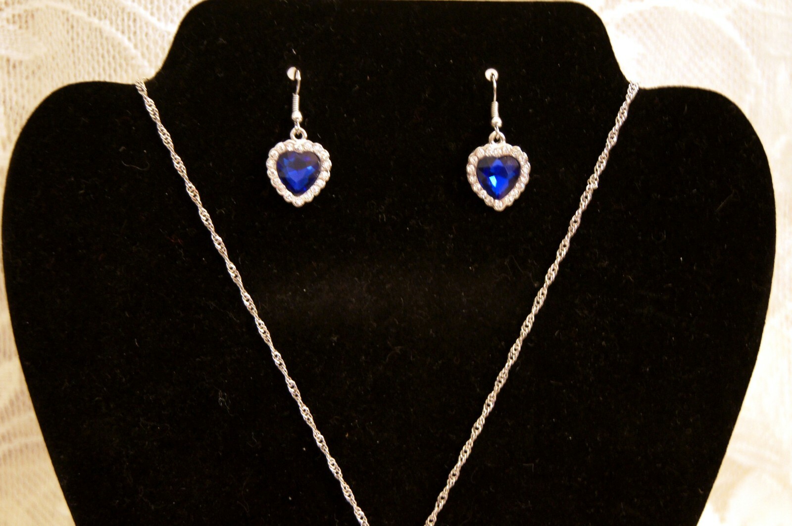 NEW Faux Sapphire & Diamond – Heart Shaped Pendant & Earring Set