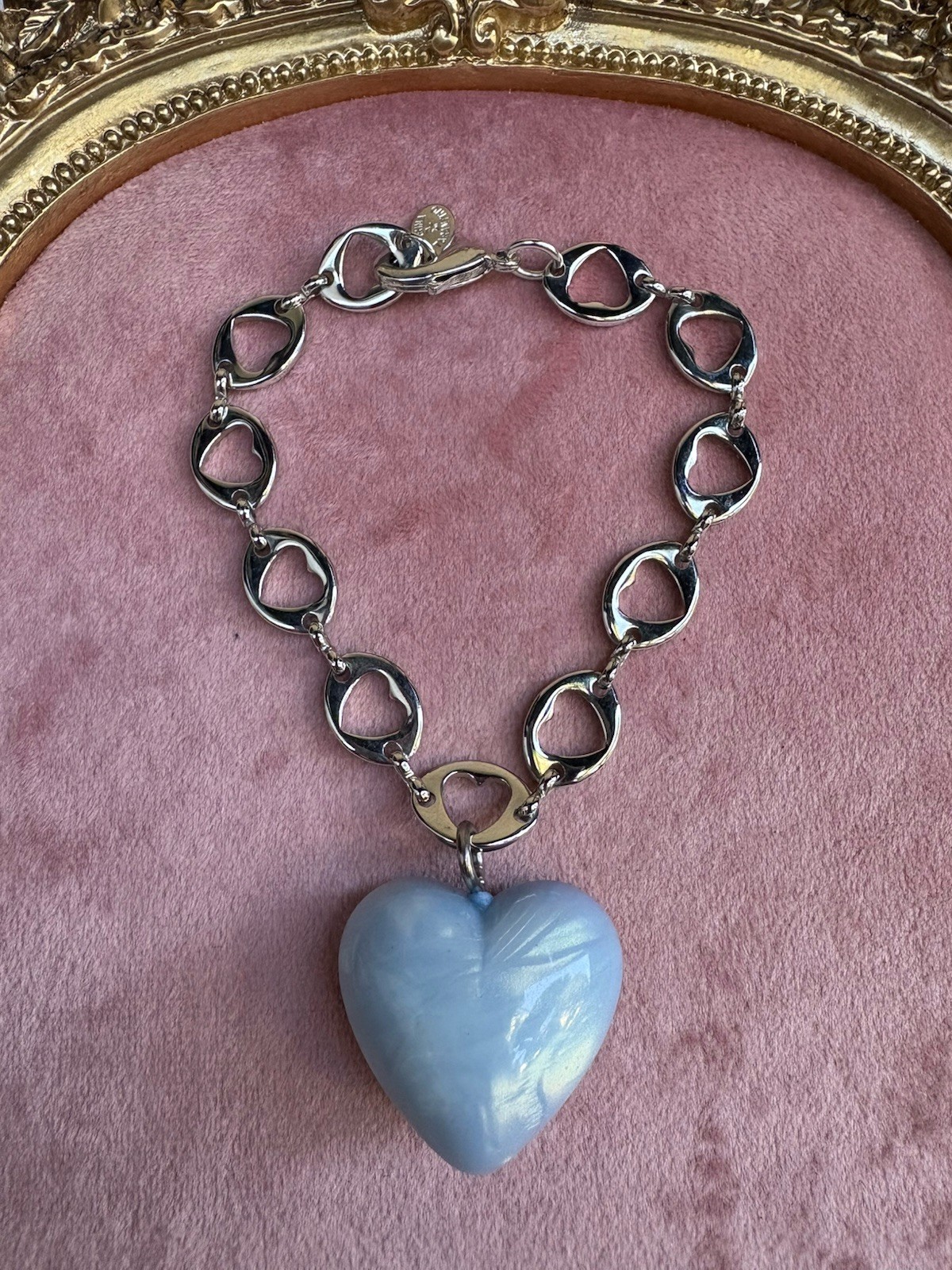 Tarina Tarantino Vintage Sky Blue Pearlescent Lucite Puff Heart Chain Bracelet