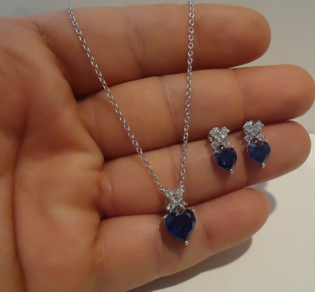 SILVER HEART NECKLACE PENDANT & EARRING SET W/ 5.75 CT ACCENTS & TANZANITE