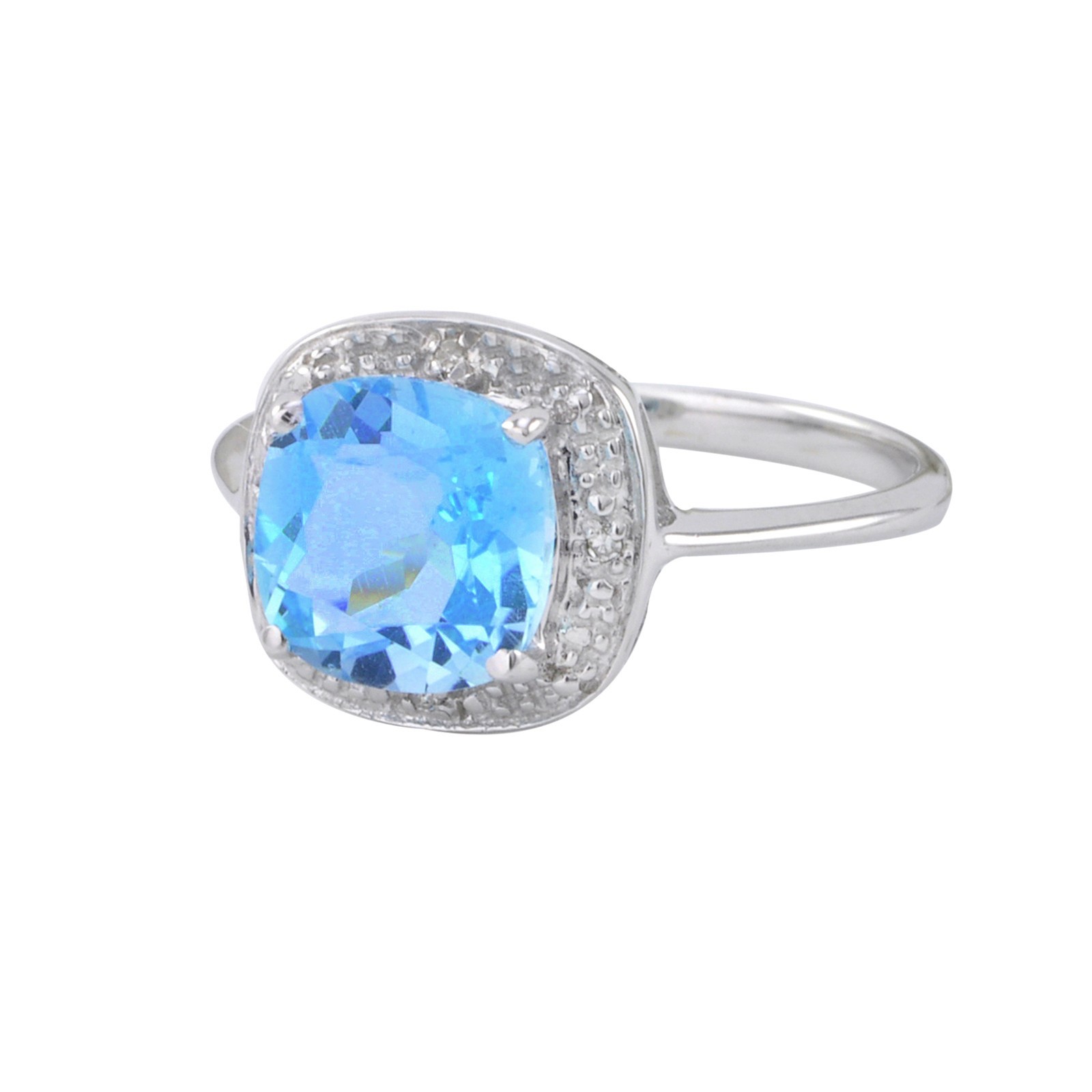 Sterling Silver .01 TCW Genuine Diamond Ring with Square Blue Topaz Center Stone